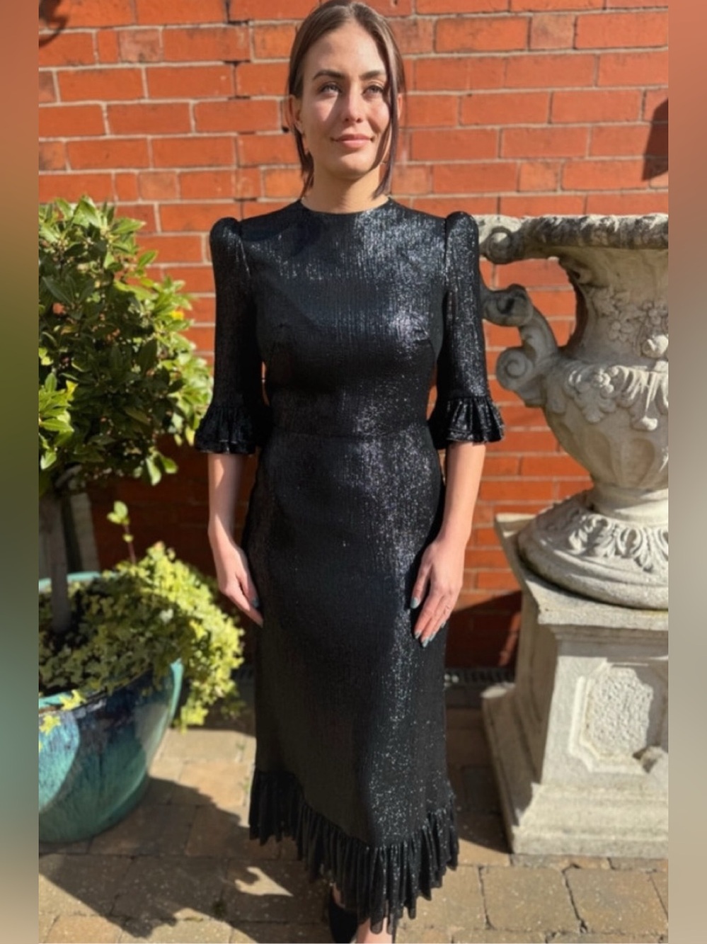 Women's Metallic Black Midi Dress with Ruffle Sleeves